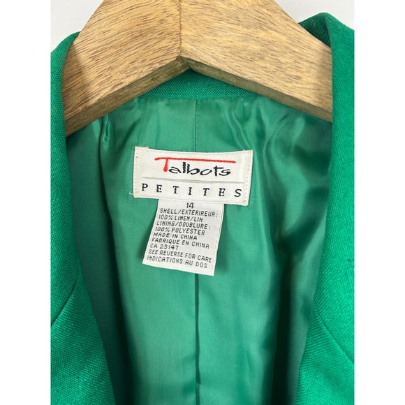Talbots Petites Blazer 14 Jacket Emerald Kelly Green Linen Career Office Spring - Picture 2 of 4